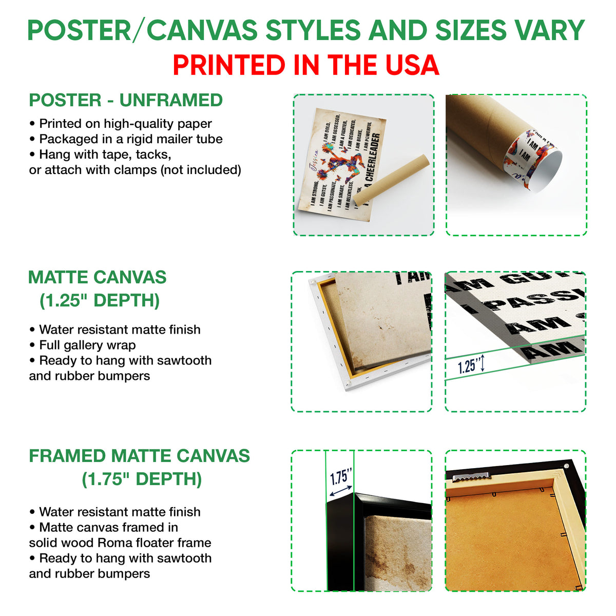 Poster, matte canvas, and framed canvas wall art options shown in a format guide