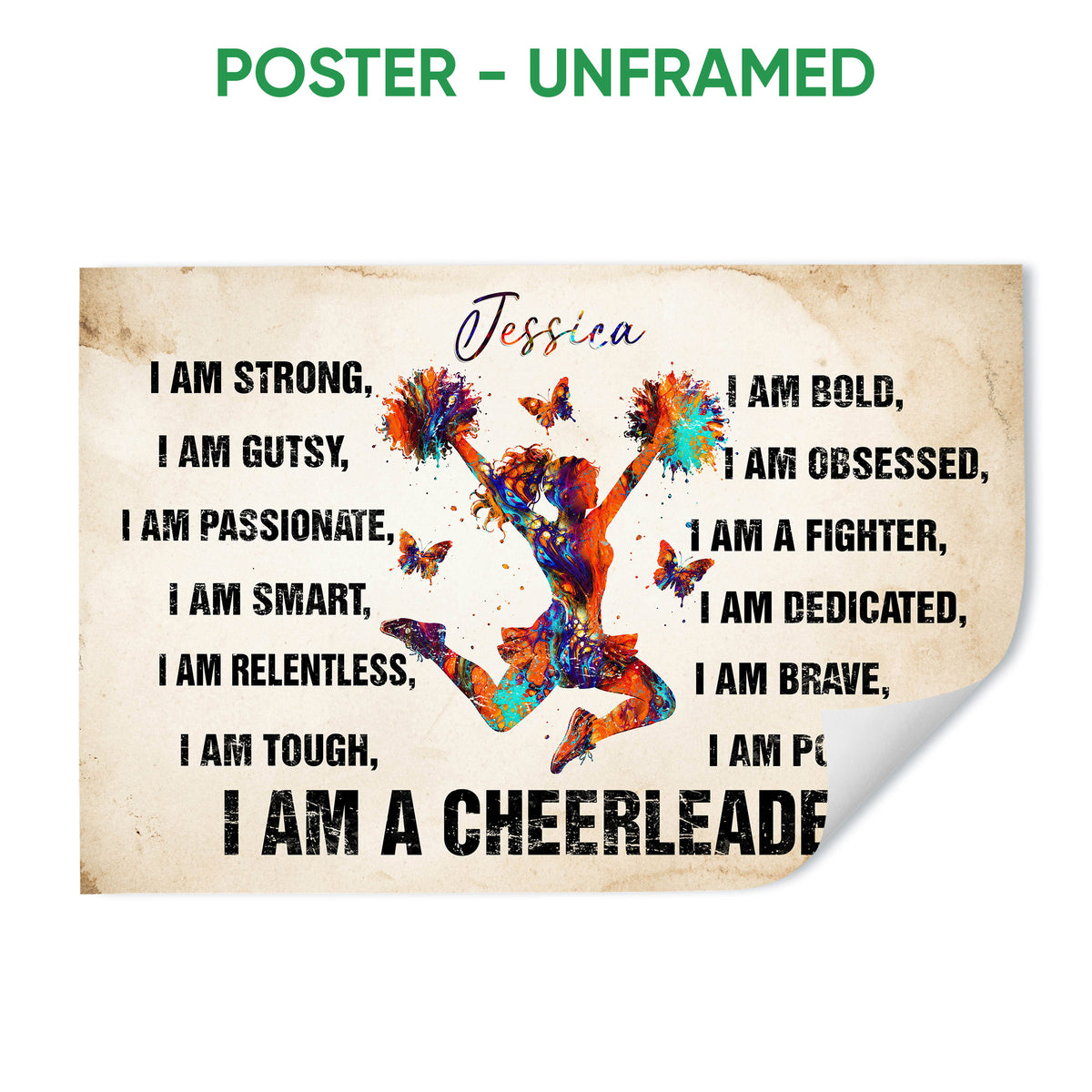 Unframed cheerleading poster featuring a colorful jumping cheerleader and inspirational design
