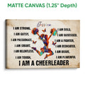 Matte canvas cheerleading wall art showing a vibrant jumping cheerleader and bold typography