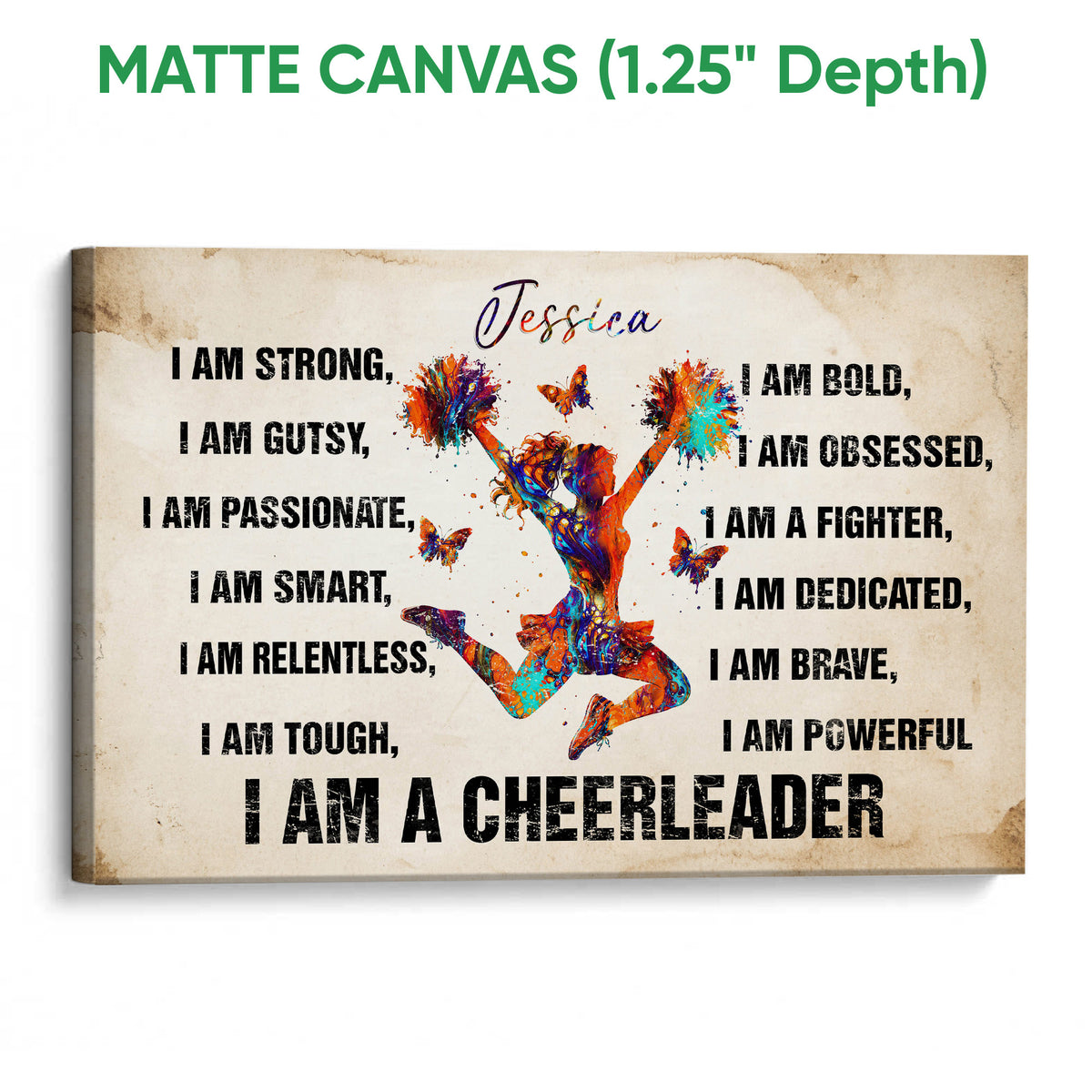 Matte canvas cheerleading wall art showing a vibrant jumping cheerleader and bold typography