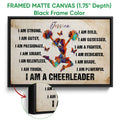 Framed cheerleading canvas wall art with a black frame and colorful action artwork