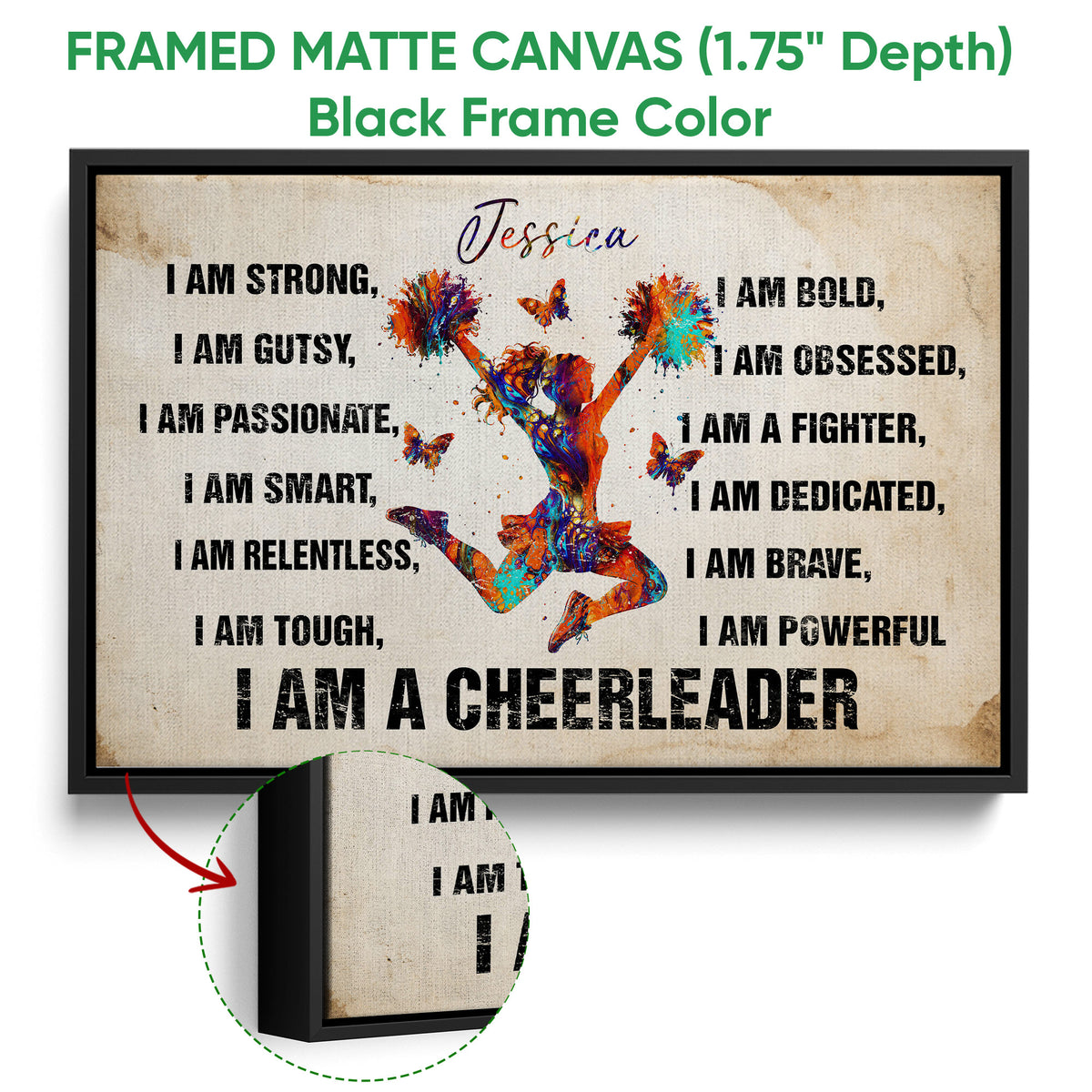 Framed cheerleading canvas wall art with a black frame and colorful action artwork