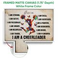 Framed cheerleading canvas wall art with a white frame and vivid motivational design