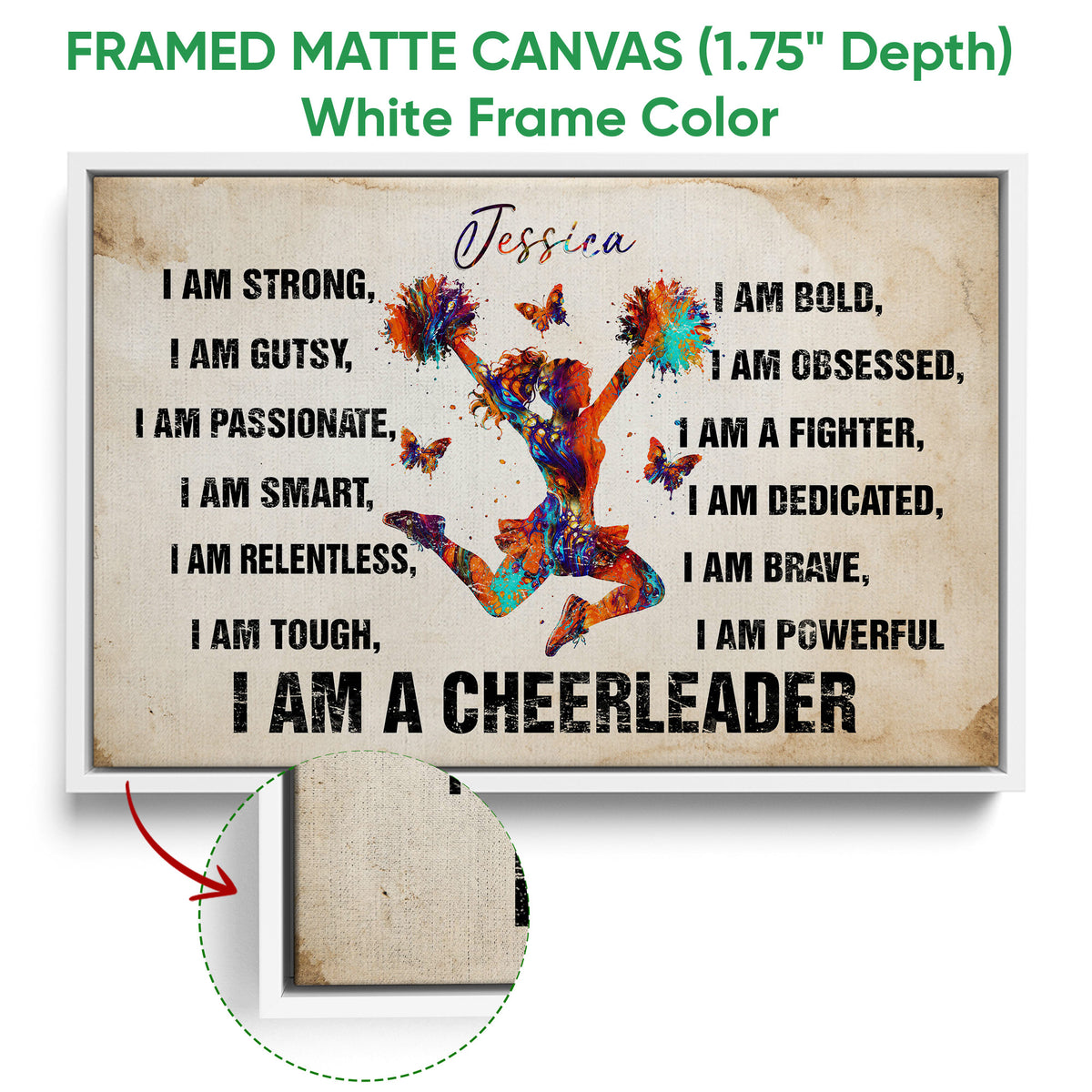 Framed cheerleading canvas wall art with a white frame and vivid motivational design