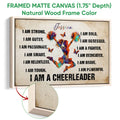 Framed cheerleading canvas wall art with a natural wood frame and colorful cheerleader