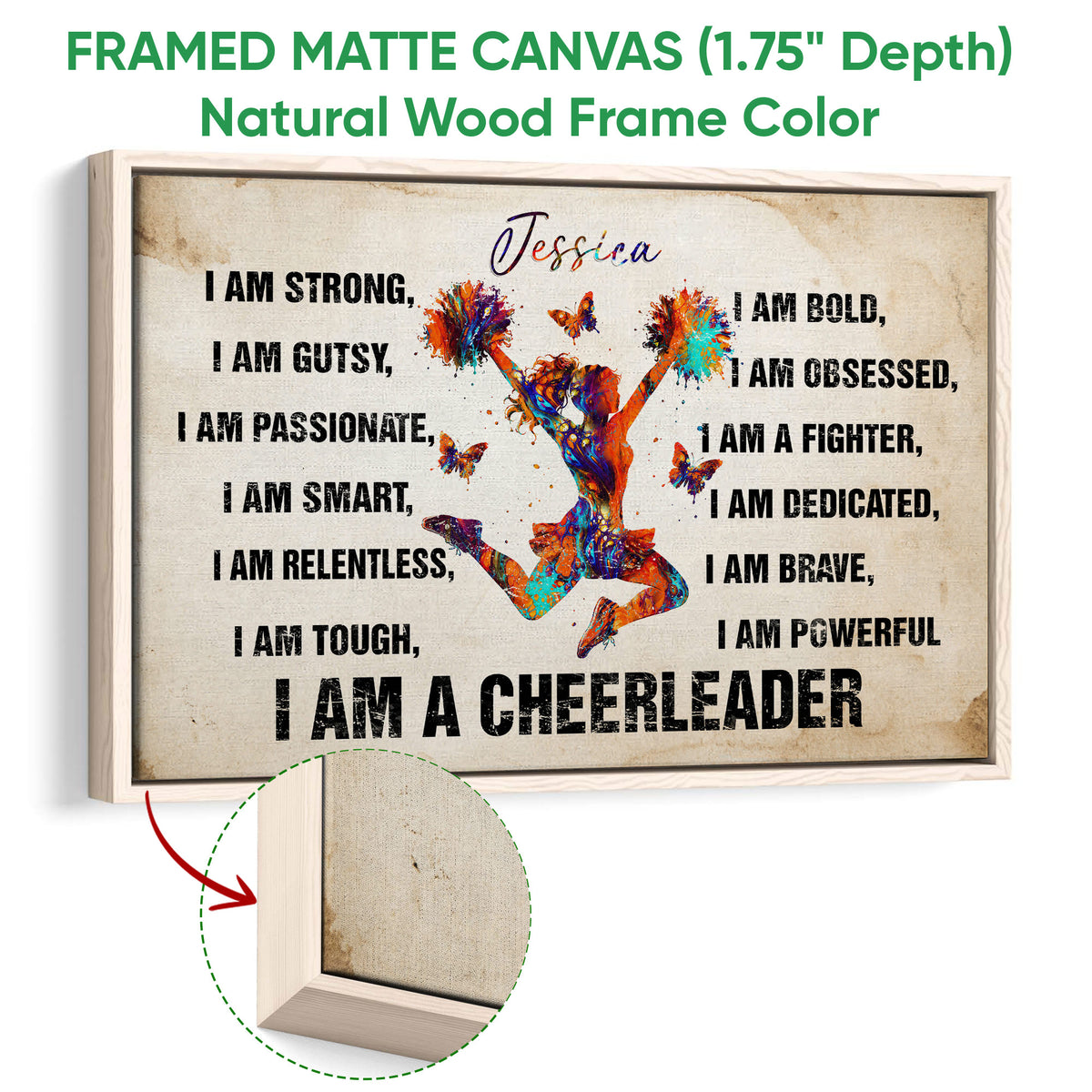 Framed cheerleading canvas wall art with a natural wood frame and colorful cheerleader