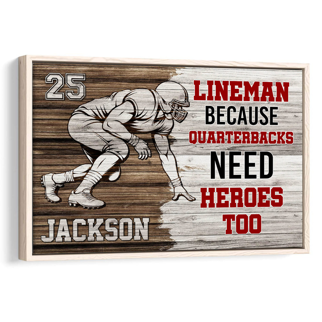 Framed football wall art featuring a crouching player, red and black typography, and a wood-inspired background