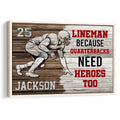 Framed football wall art featuring a crouching player, red and black typography, and a wood-inspired background