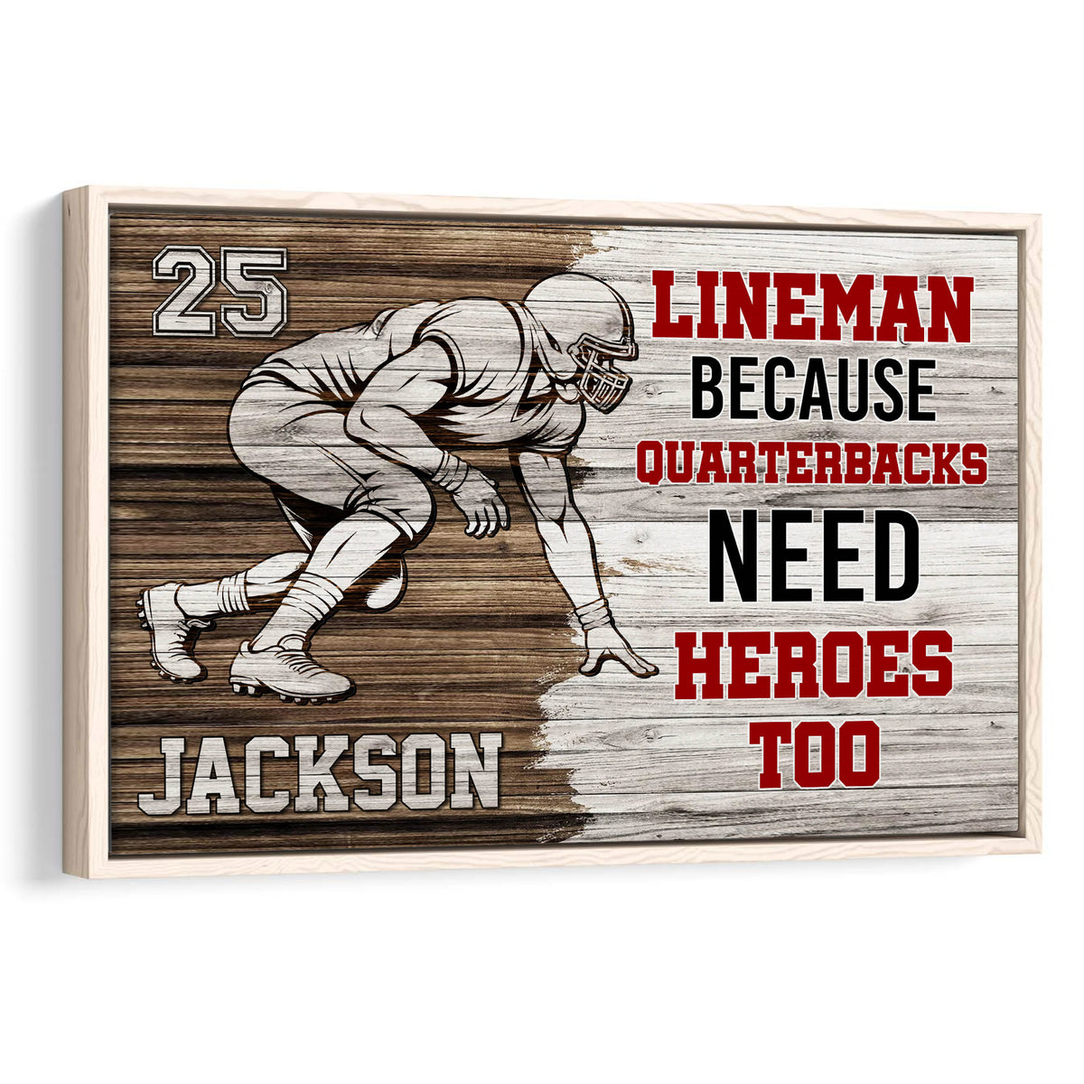 Framed football wall art featuring a crouching player, red and black typography, and a wood-inspired background