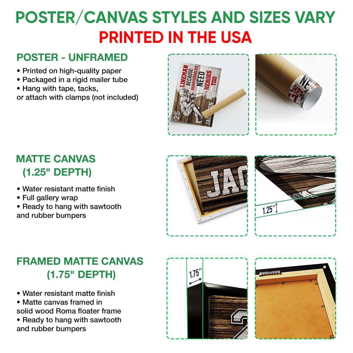 Football wall art format guide showing unframed poster, matte canvas, and framed matte canvas options