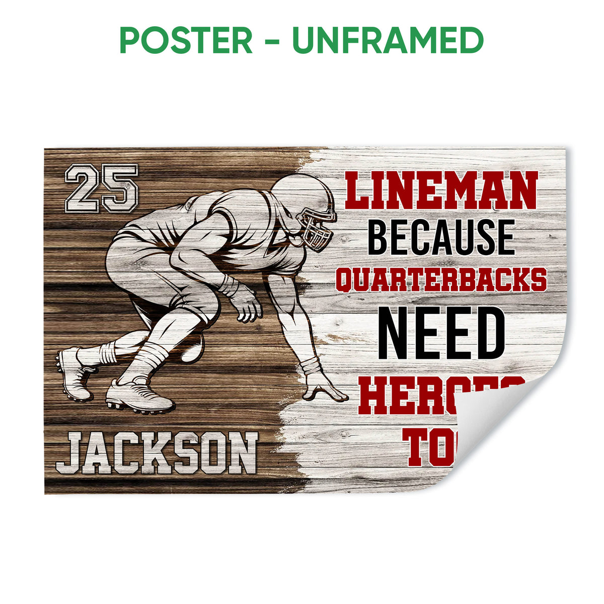 Unframed football poster showing a crouching player with bold red, black, and white sports typography