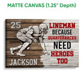 Matte canvas football wall art with a crouching player, wood-inspired design, and distressed sports lettering