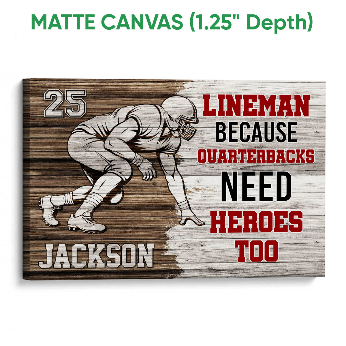 Matte canvas football wall art with a crouching player, wood-inspired design, and distressed sports lettering