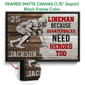 Black framed football canvas wall art with close-up detail of the frame and wood-inspired sports artwork