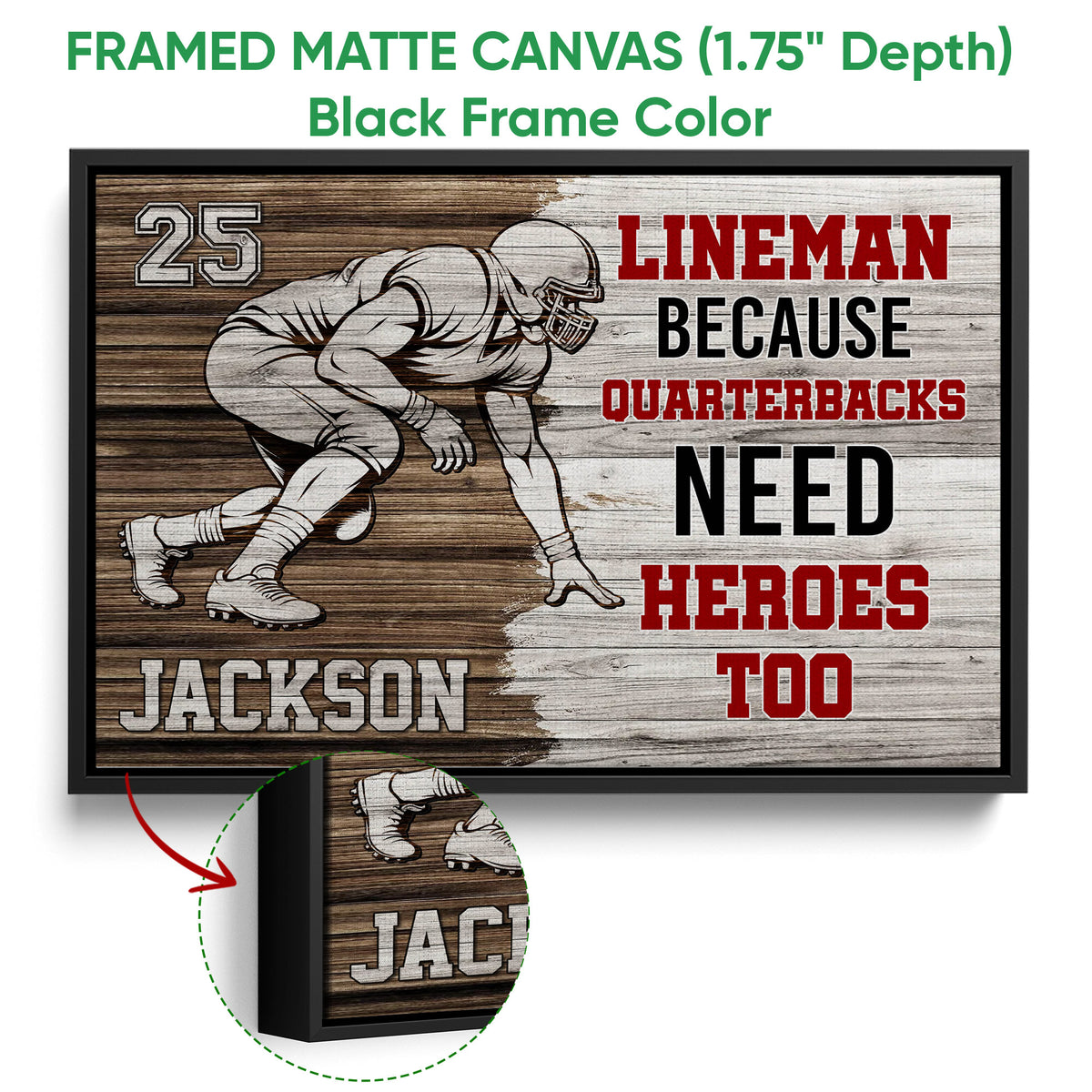 Black framed football canvas wall art with close-up detail of the frame and wood-inspired sports artwork