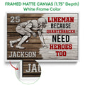 White framed football canvas wall art with close-up frame detail and bold red, black, and white artwork