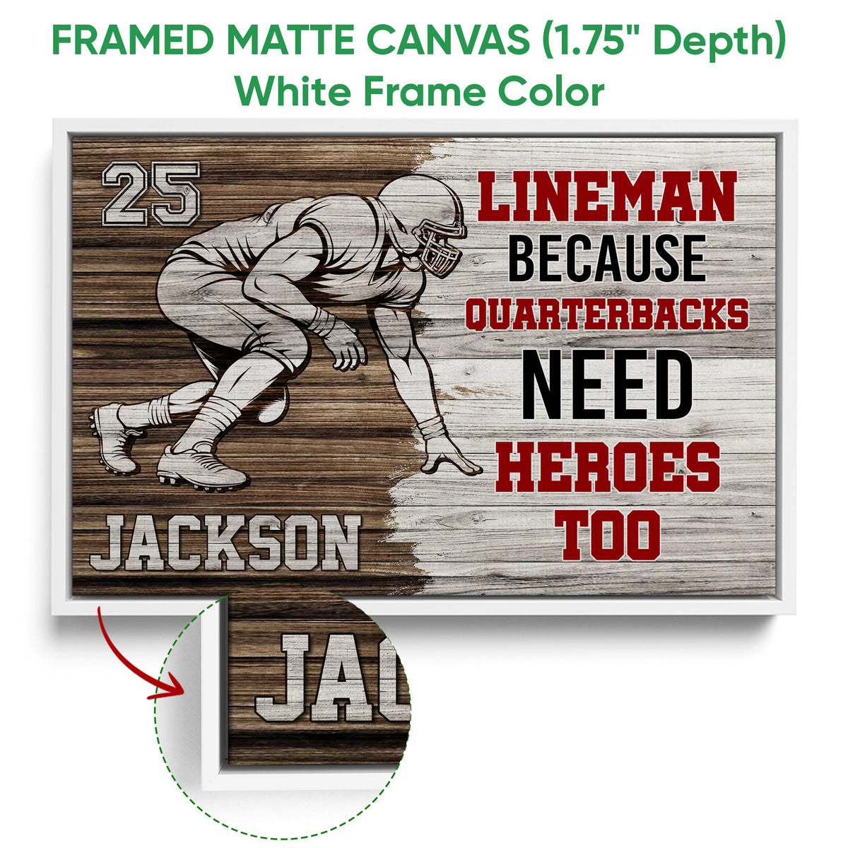 White framed football canvas wall art with close-up frame detail and bold red, black, and white artwork
