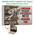 Natural wood framed football canvas wall art with close-up detail of the frame and player illustration