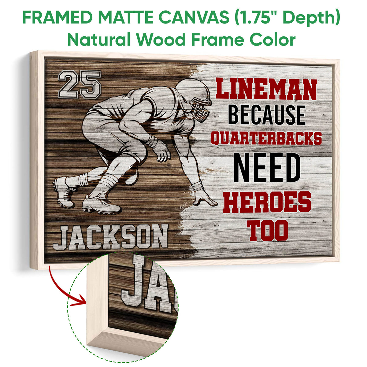 Natural wood framed football canvas wall art with close-up detail of the frame and player illustration
