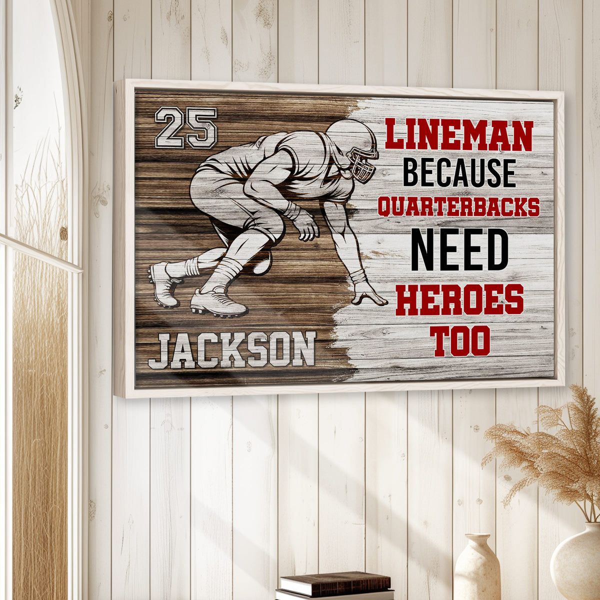 Football wall art displayed in a bright rustic room with white wood walls and a natural wood frame