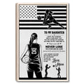 Framed volleyball wall art with a player silhouette, American flag design, and inspirational daughter message