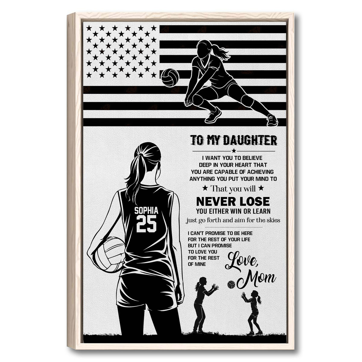 Framed volleyball wall art with a player silhouette, American flag design, and inspirational daughter message