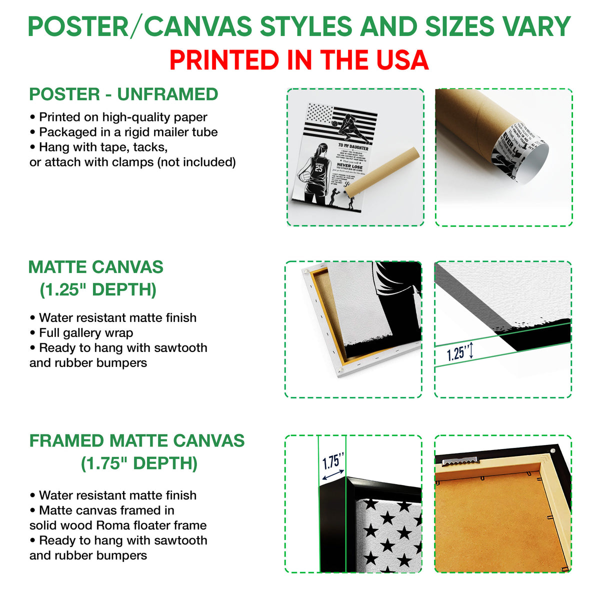 Poster and canvas wall art option guide showing unframed poster, matte canvas, and framed canvas formats