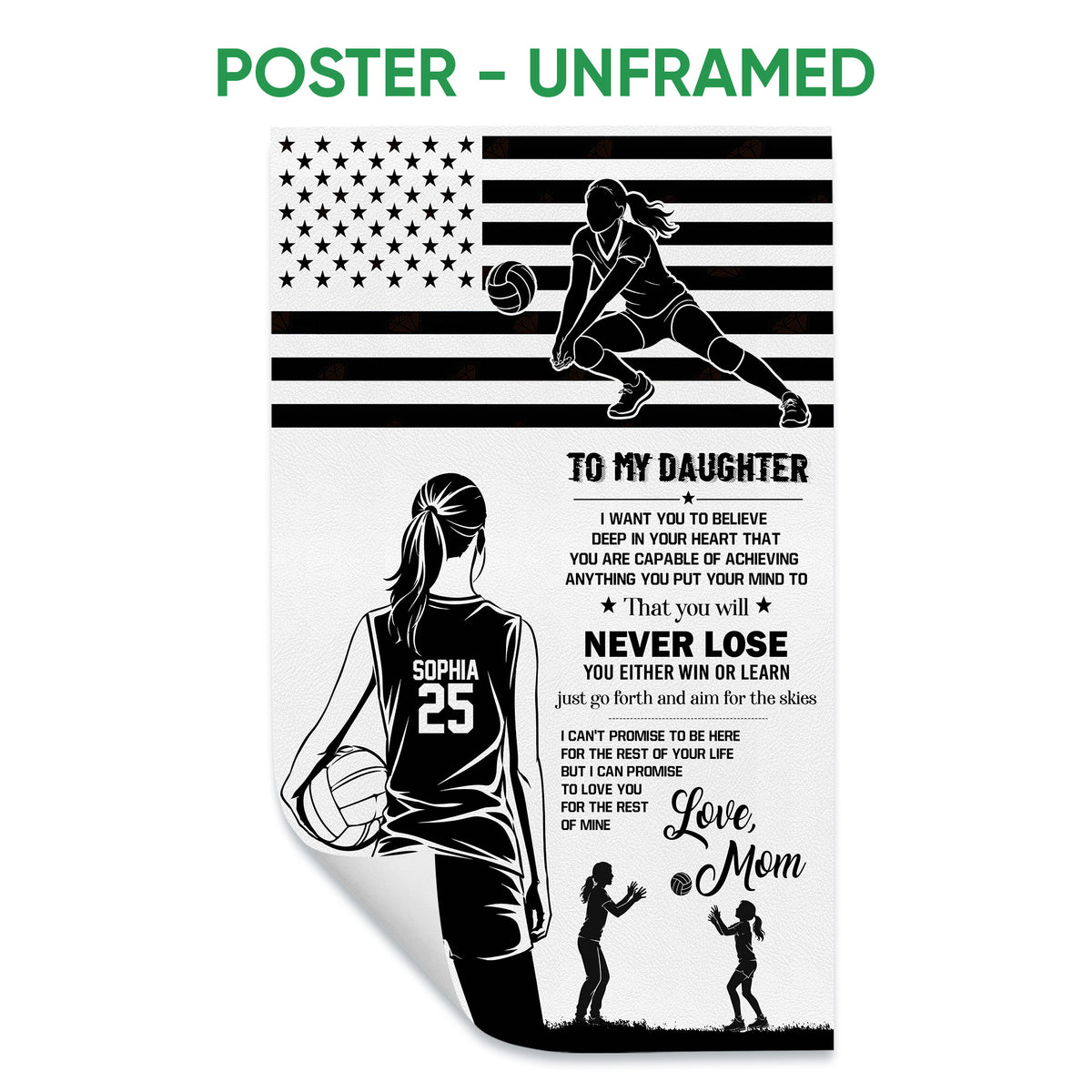 Unframed volleyball poster featuring a player silhouette, flag-inspired background, and encouraging message for a daughter
