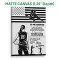 Matte canvas volleyball wall art with a player silhouette, inspirational daughter message, and black and white design