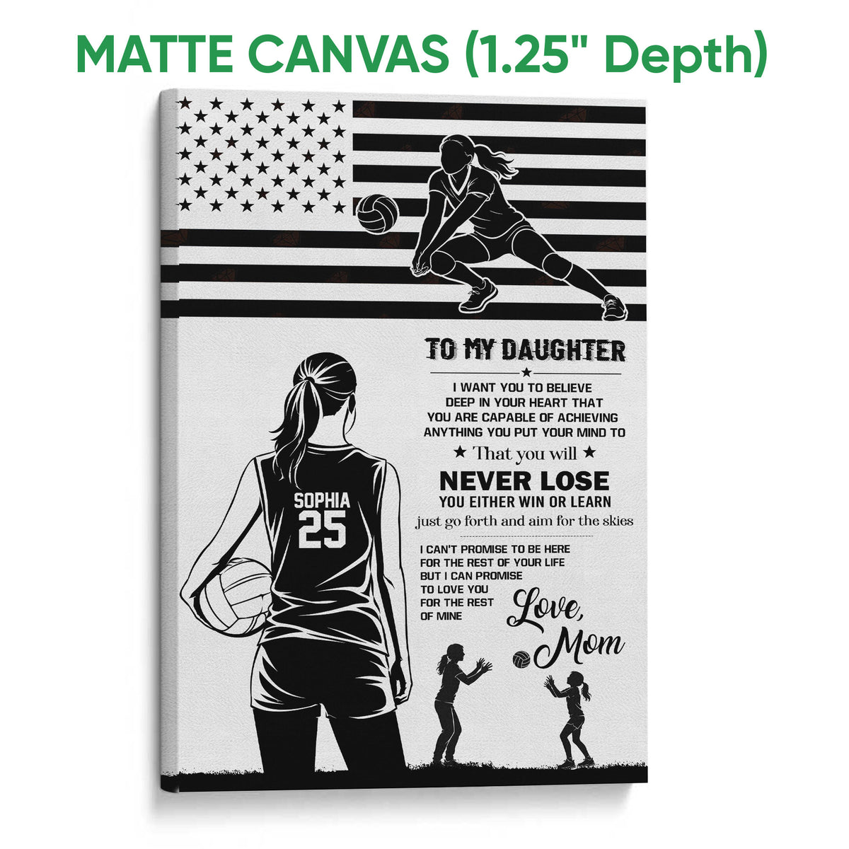 Matte canvas volleyball wall art with a player silhouette, inspirational daughter message, and black and white design