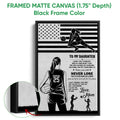 Black framed canvas volleyball wall art with a flag-inspired background and motivational message for a daughter