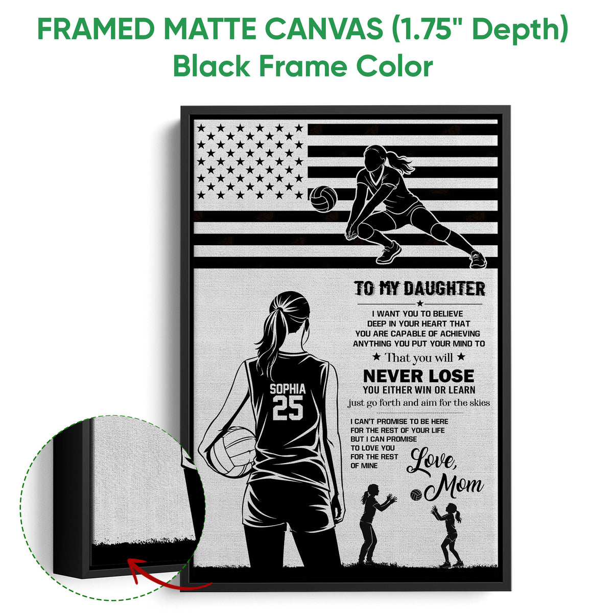 Black framed canvas volleyball wall art with a flag-inspired background and motivational message for a daughter