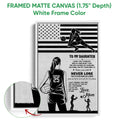 White framed canvas volleyball wall art featuring a player silhouette and inspirational message for a daughter