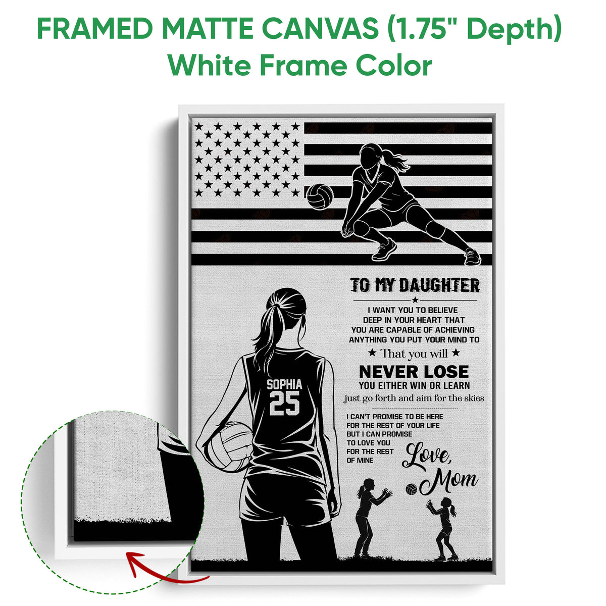 White framed canvas volleyball wall art featuring a player silhouette and inspirational message for a daughter