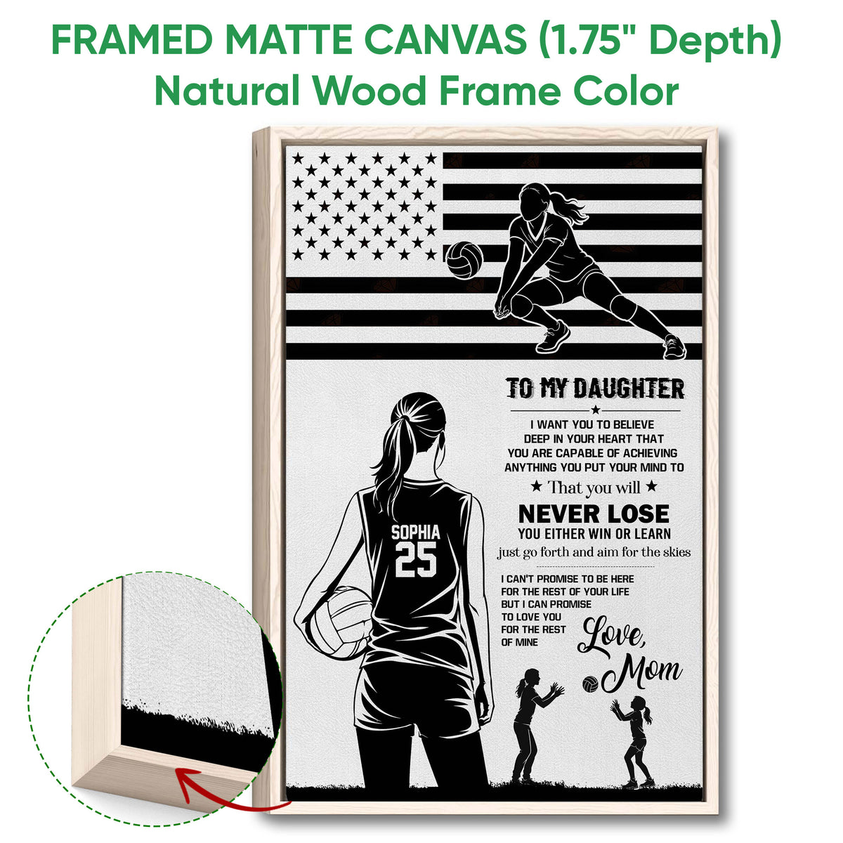 Natural wood framed volleyball wall art with a player silhouette, stars, stripes, and heartfelt daughter message