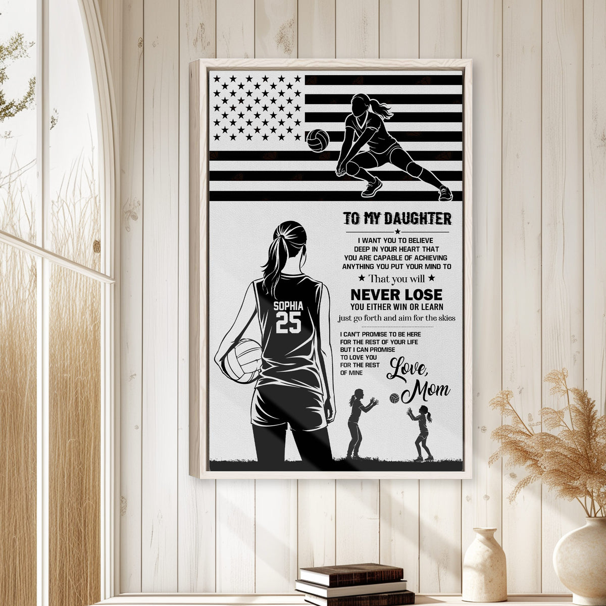 Volleyball daughter wall art displayed in a bright home interior with natural wood framing
