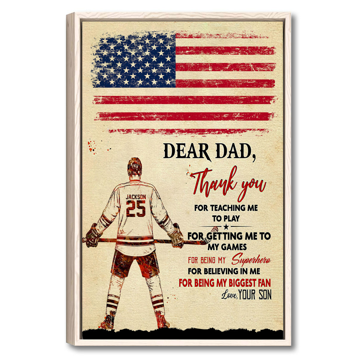 Framed hockey wall art with a vintage American flag design, hockey player, and heartfelt message for dad