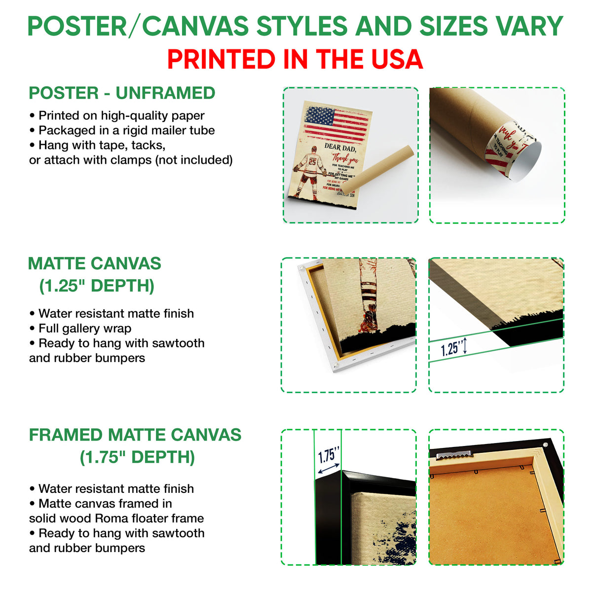 Poster, matte canvas, and framed canvas wall art format guide for a hockey-themed design