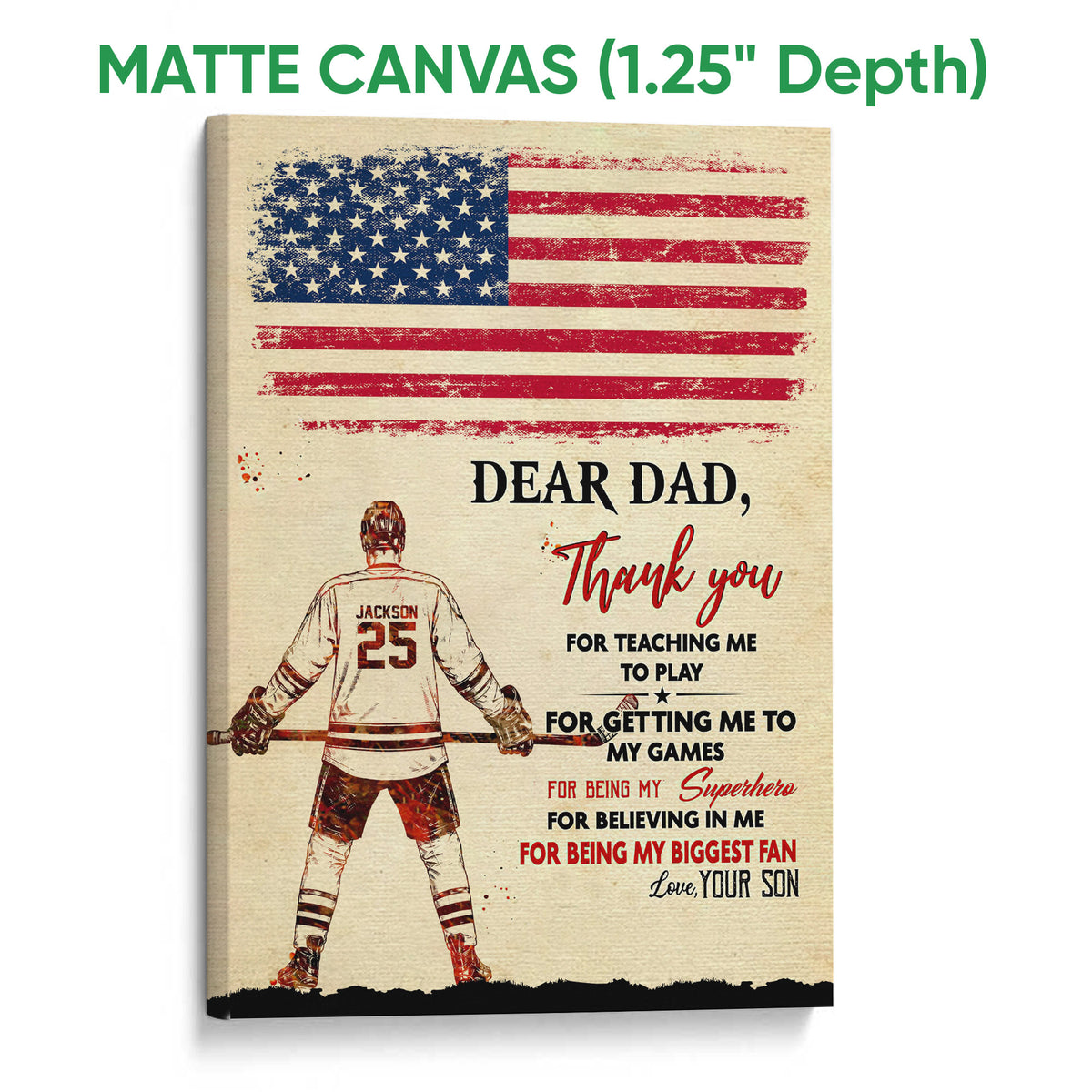 Matte canvas hockey wall art featuring a distressed American flag and illustrated hockey player