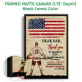 Framed matte canvas hockey wall art shown with a black frame and close-up canvas detail