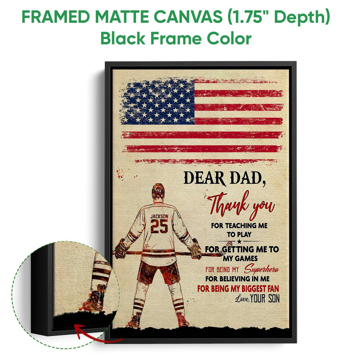 Framed matte canvas hockey wall art shown with a black frame and close-up canvas detail