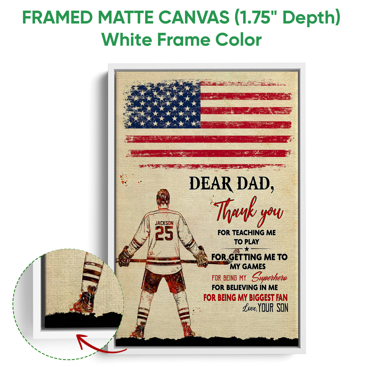 Framed matte canvas hockey wall art shown with a white frame and close-up artwork detail