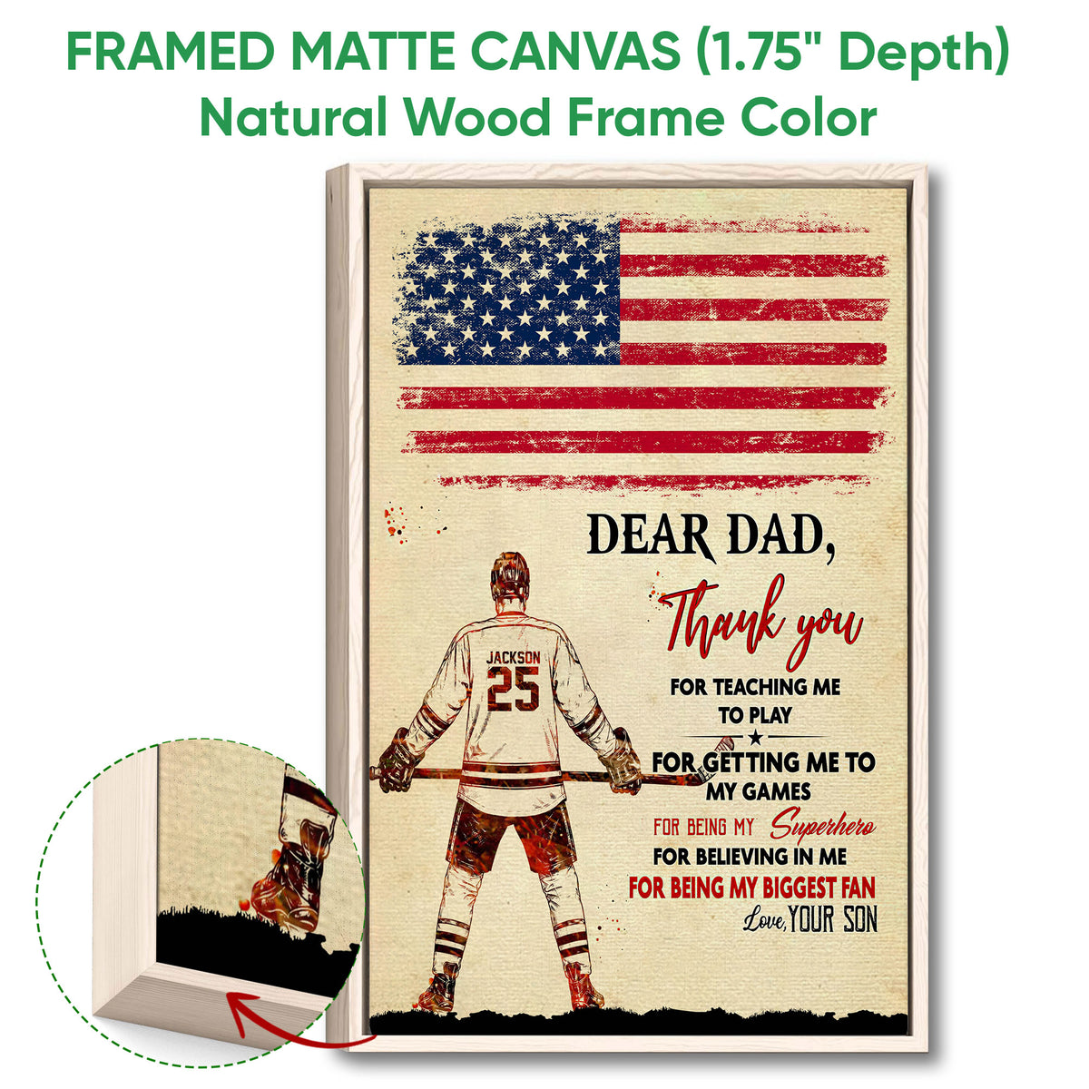 Framed matte canvas hockey wall art shown with a natural wood frame and close-up edge detail