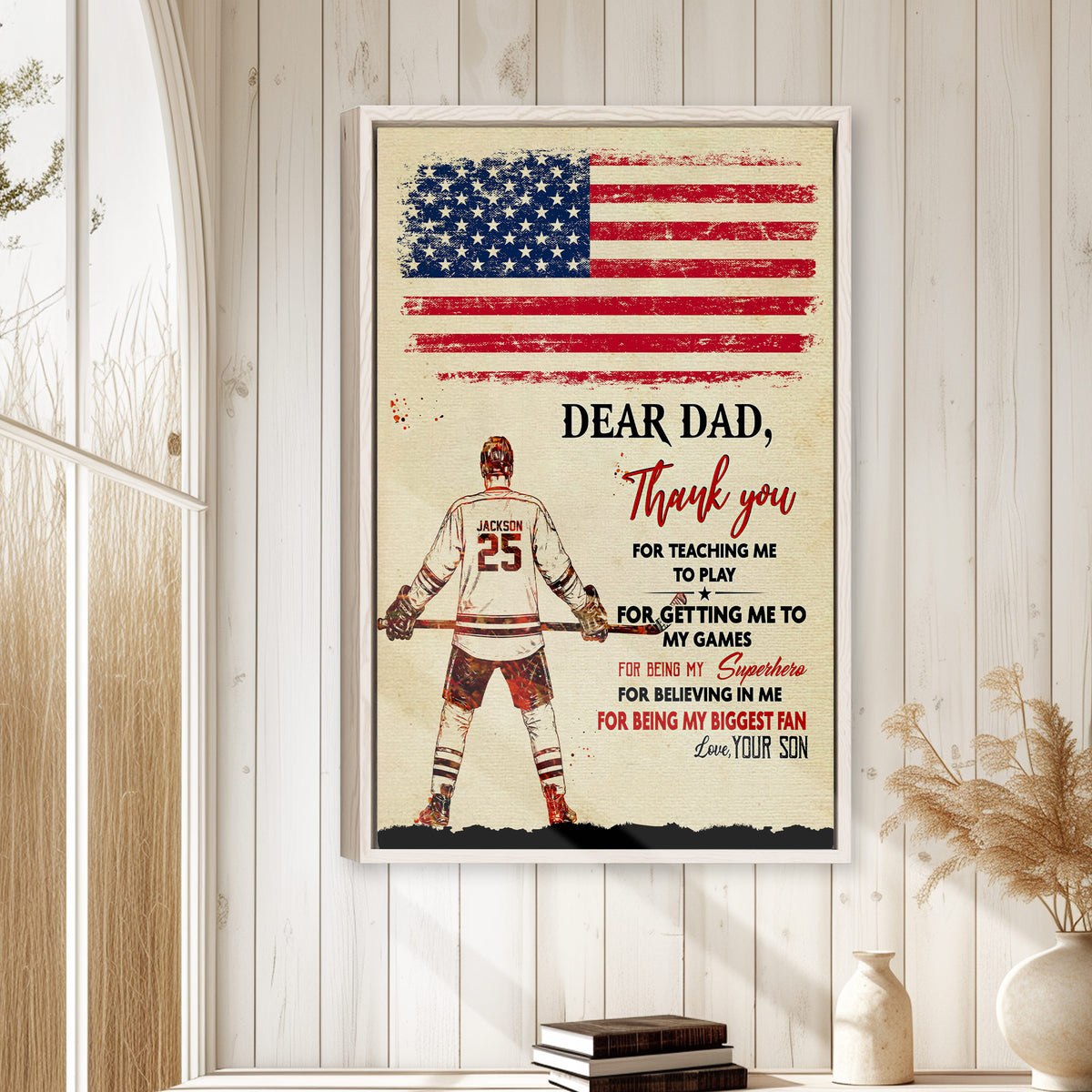 Framed hockey wall art displayed on a light wood-paneled wall in a warm home decor setting