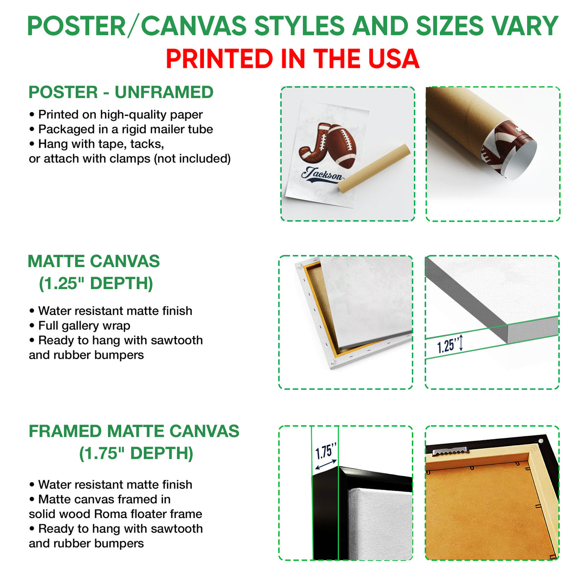 Poster and canvas wall art option guide showing unframed poster, matte canvas, and framed canvas formats