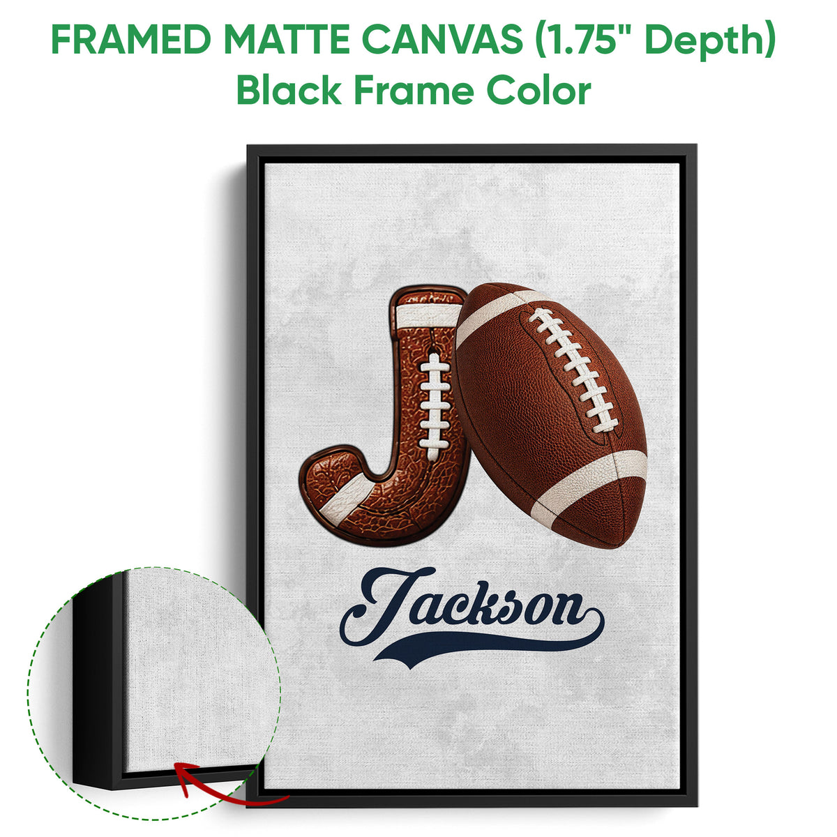 Black framed canvas football wall art with a brown football, horseshoe, and textured design