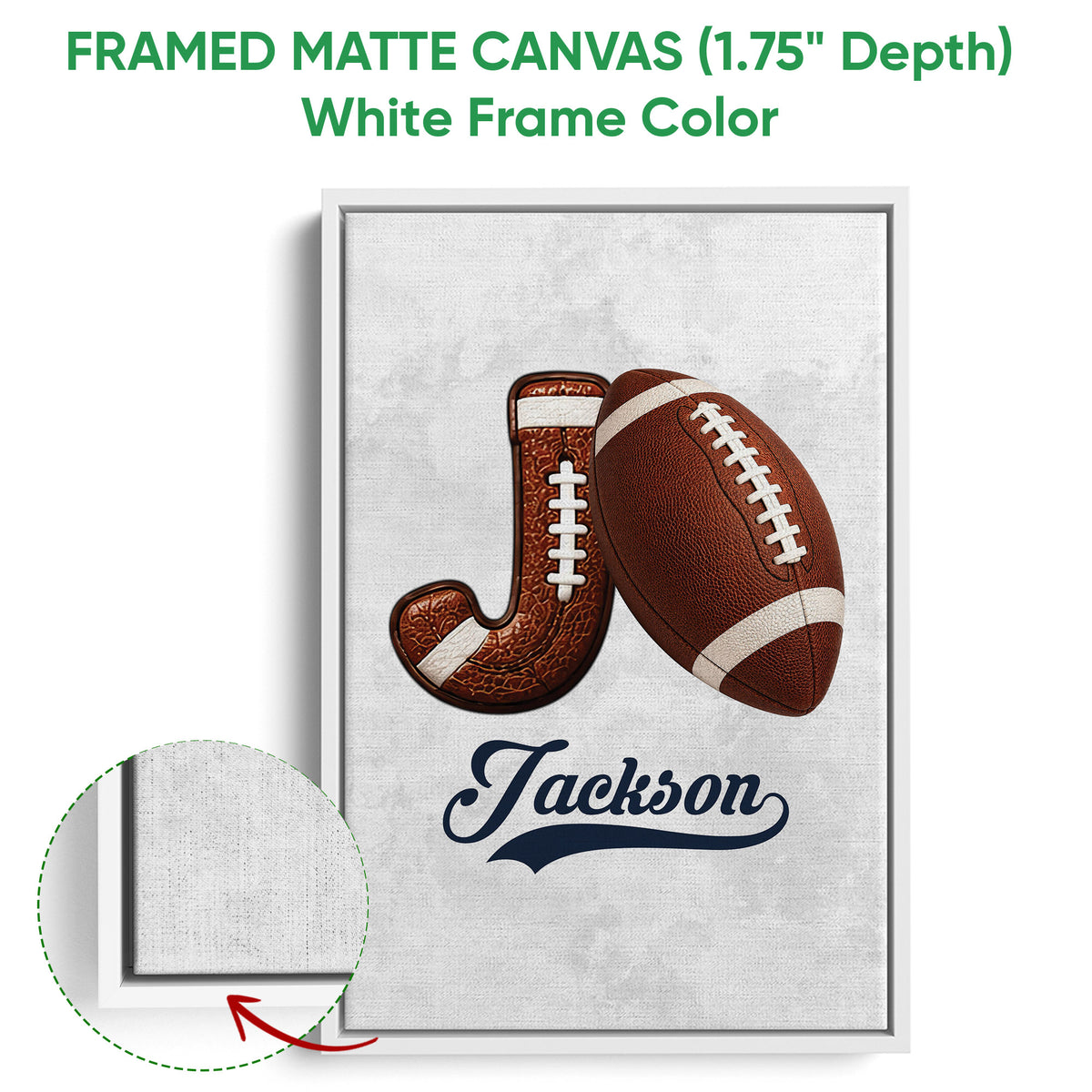 White framed canvas football wall art with a brown football, horseshoe, and textured design