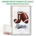 Natural wood framed canvas football wall art with a brown football and horseshoe design