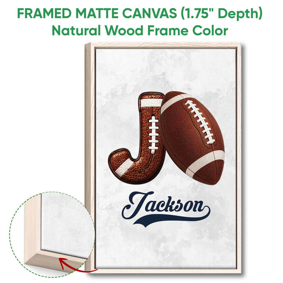 Natural wood framed canvas football wall art with a brown football and horseshoe design