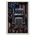 Framed trucker wall art featuring a chrome semi truck with bold navy, red, silver, and distressed flag-inspired details